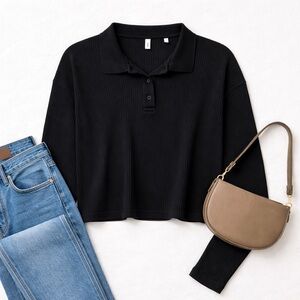 KOTN Black Ribbed Long Sleeve Polo Top | Organic Cotton | Size L